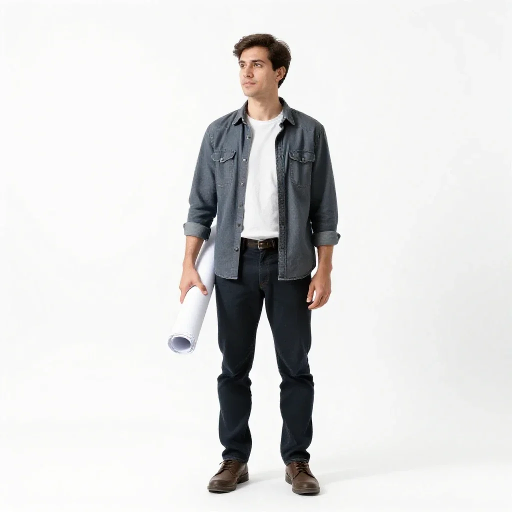 Architect carrying rolled plans isolated on a white background