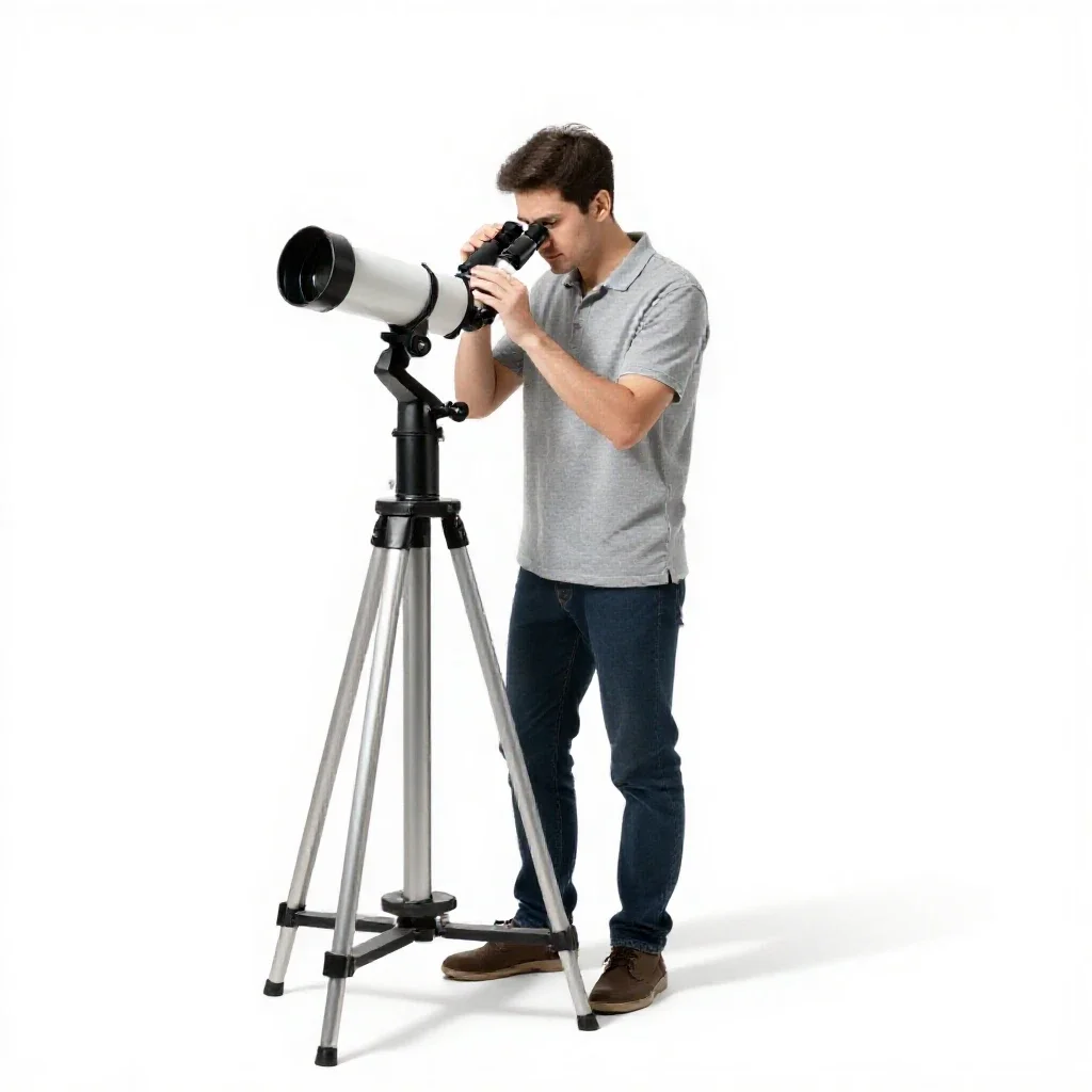 Astronomer at a telescope eyepiece isolated on a white background