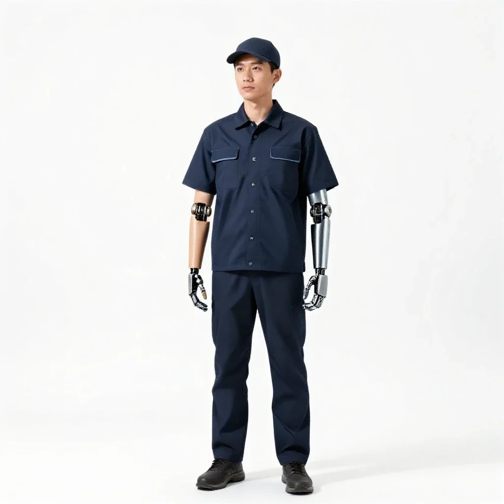 Courier with a cybernetic arm isolated on a white background