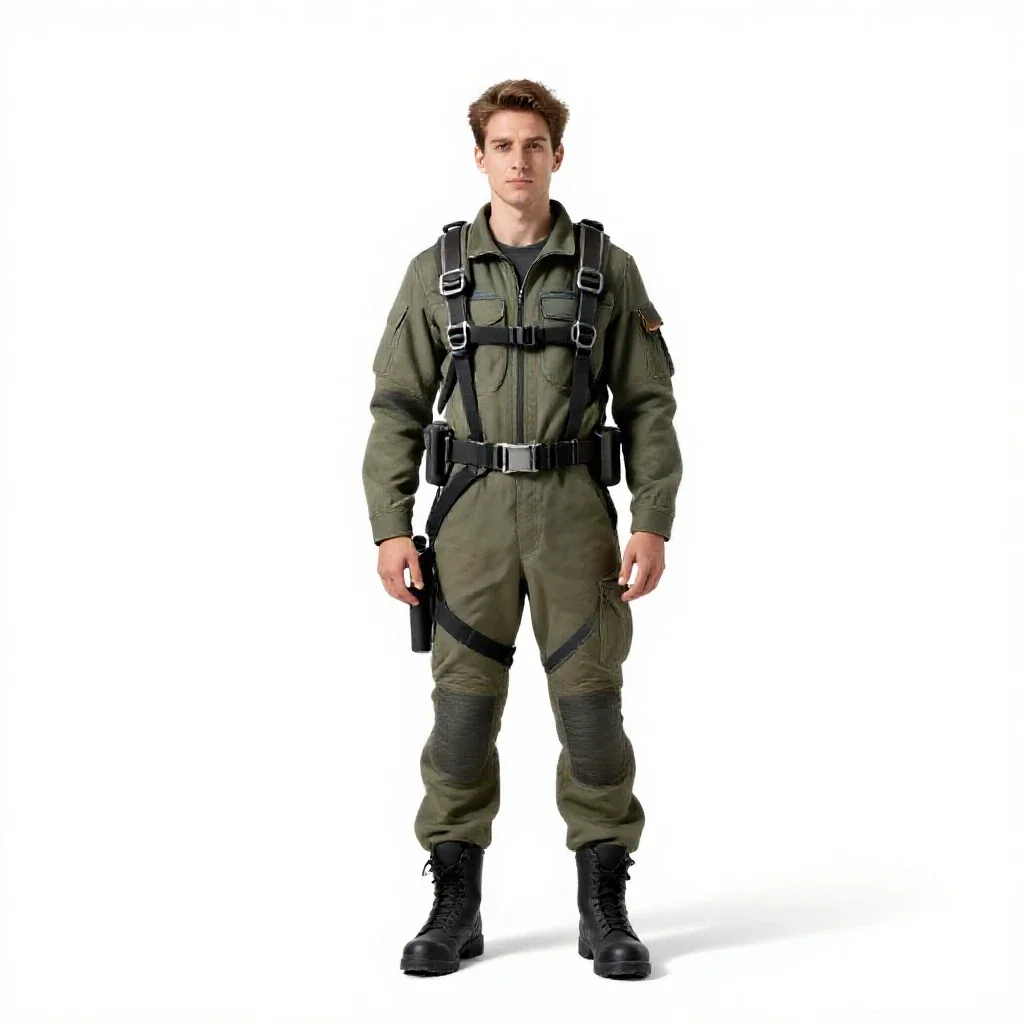 Mech pilot in a flight harness isolated on a white background