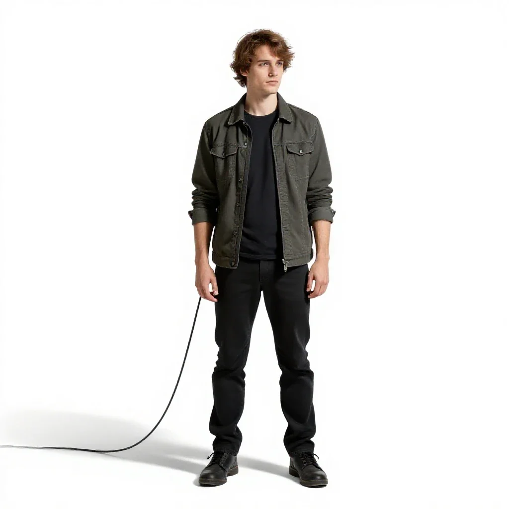 Netrunner with trailing cables isolated on a white background