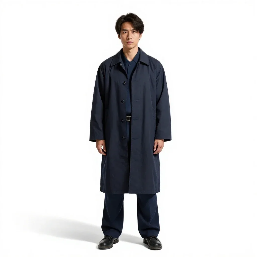 Street samurai in a long coat isolated on a white background
