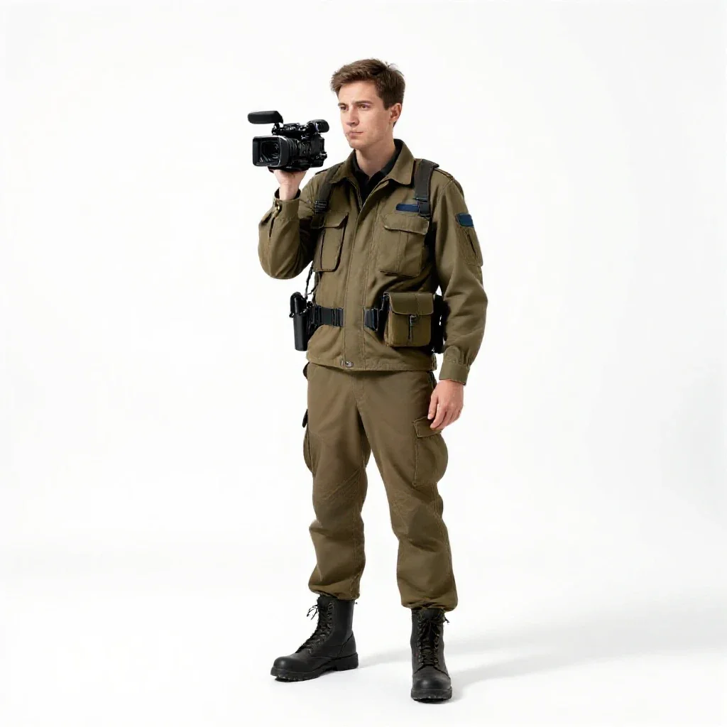War correspondent with a hovering camera isolated on a white background