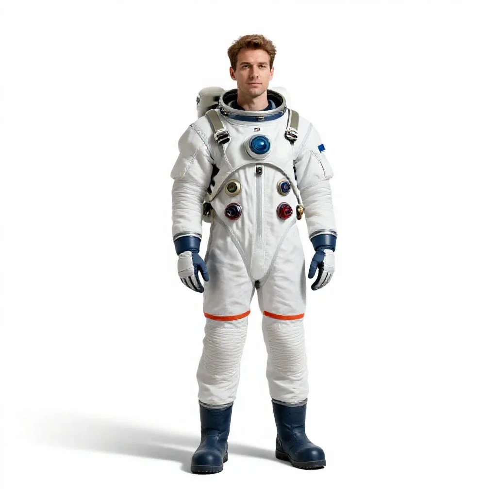 Orbital station engineer in a pressure suit isolated on a white background