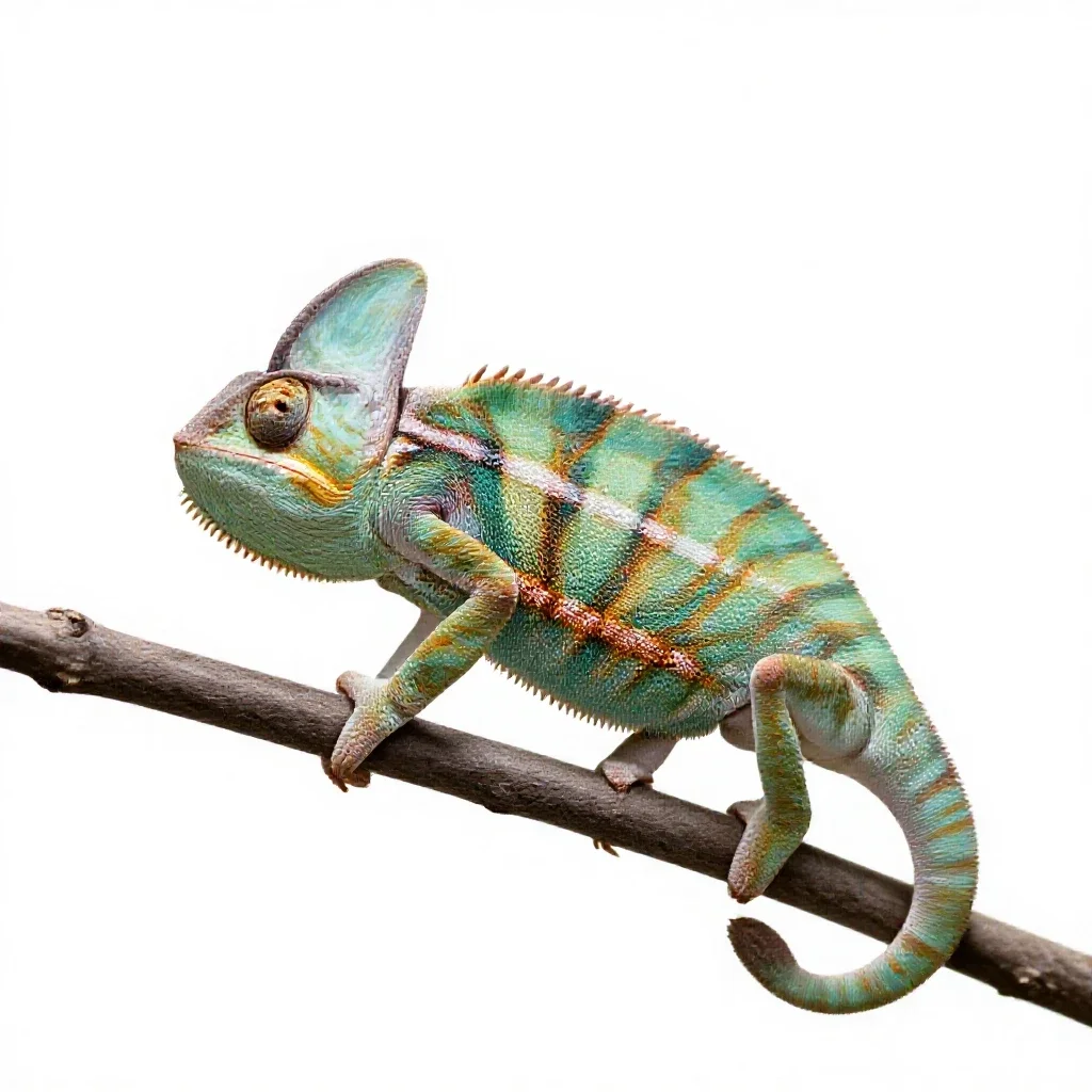 Chameleon on a branch isolated on a white background
