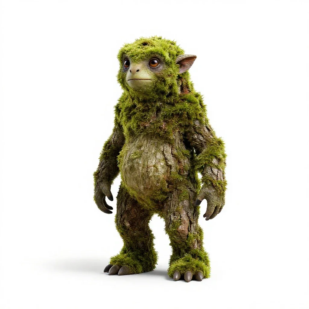 Forest spirit of moss and bark isolated on a white background