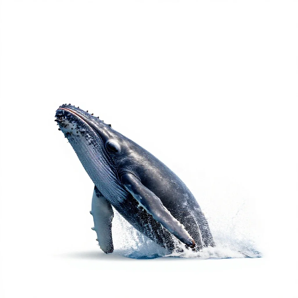 Humpback whale breaching isolated on a white background