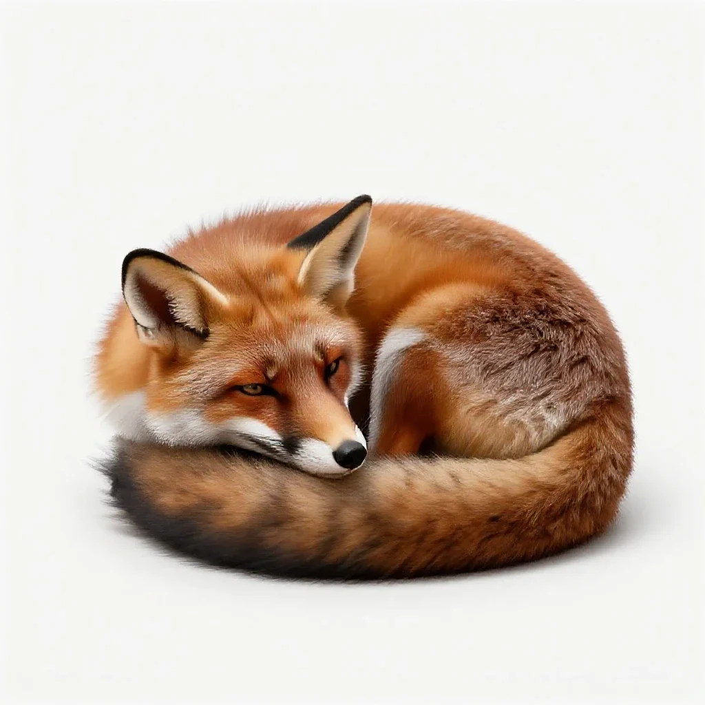 Red fox curled asleep isolated on a white background