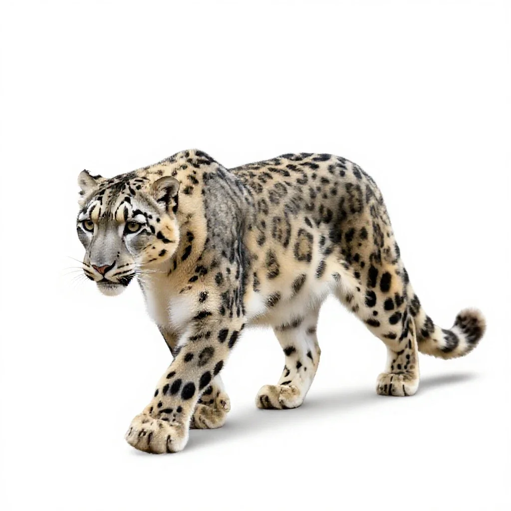 Snow leopard mid-prowl isolated on a white background