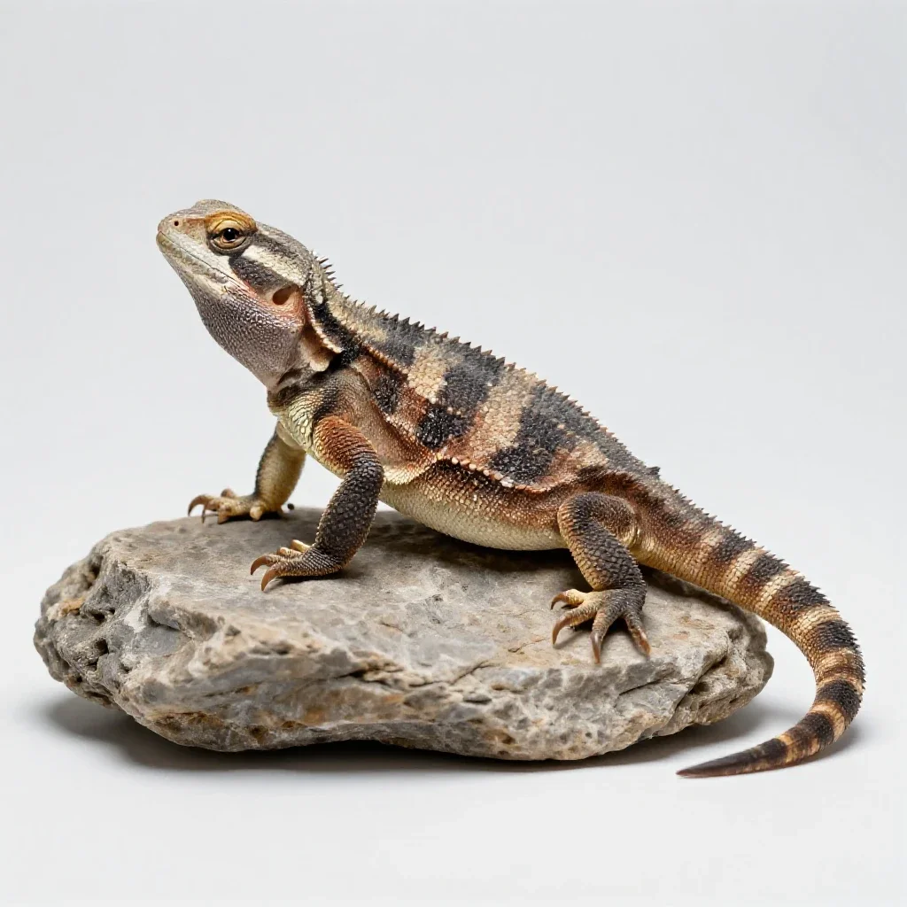 Tuatara on a rock isolated on a white background
