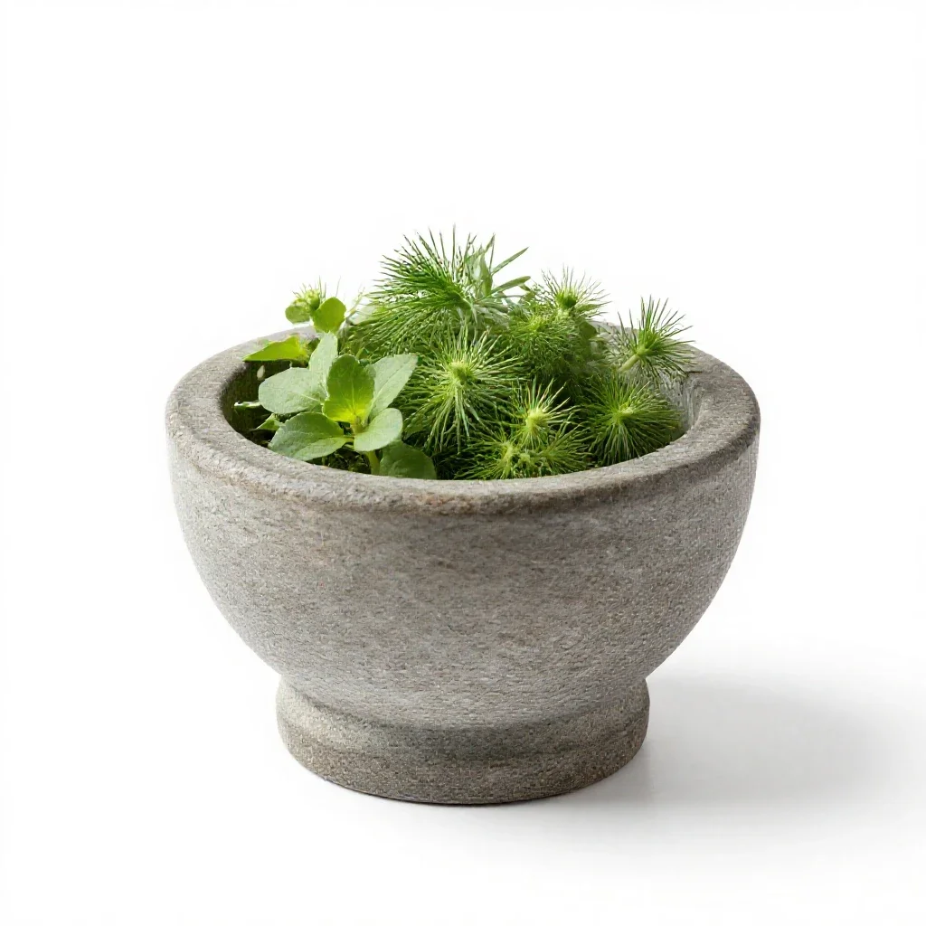 Mortar of glowing herbs isolated on a white background
