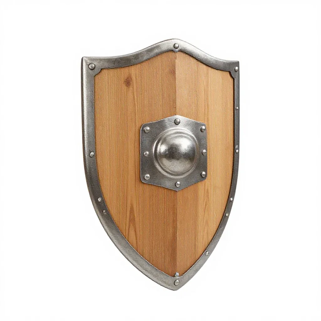 Wooden shield with an iron boss isolated on a white background