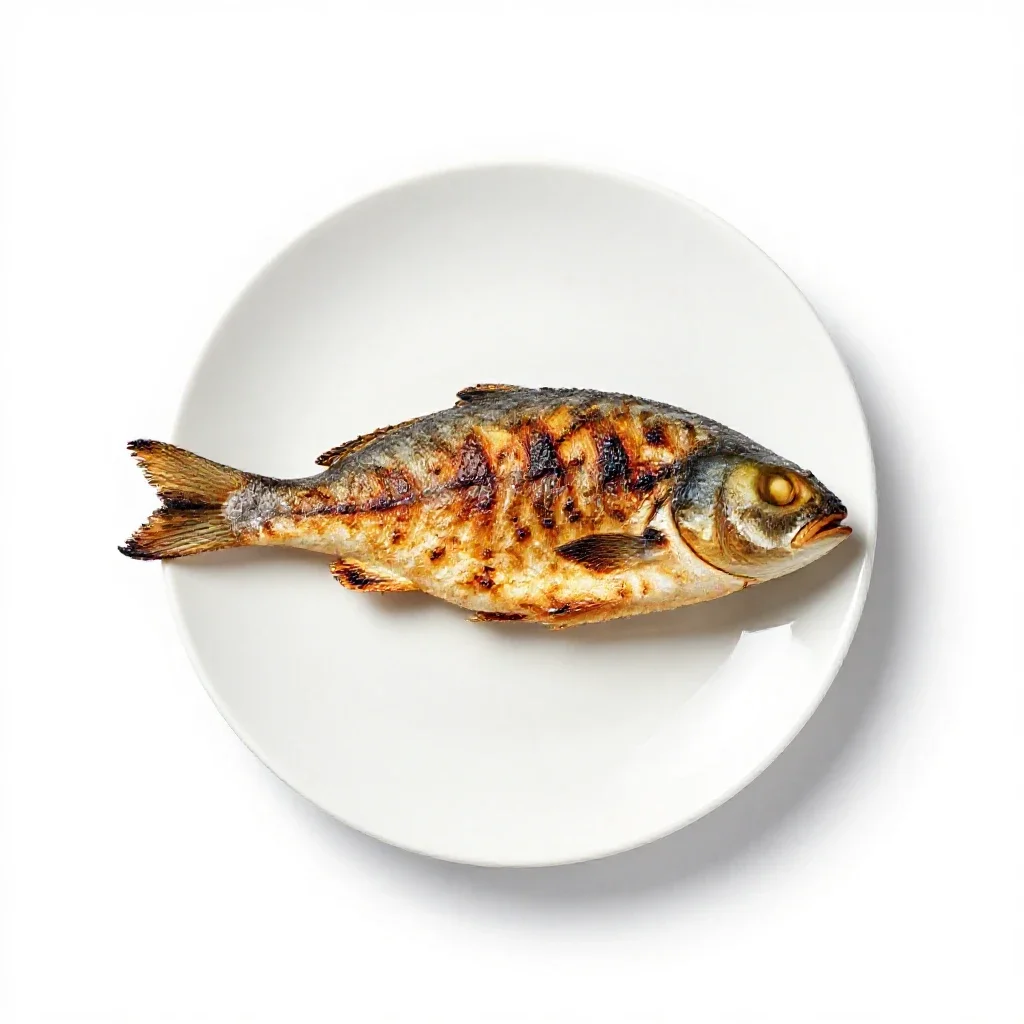 Grilled fish on a plate isolated on a white background