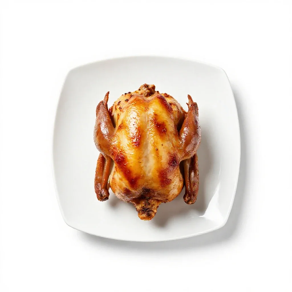 Roast chicken on a board isolated on a white background