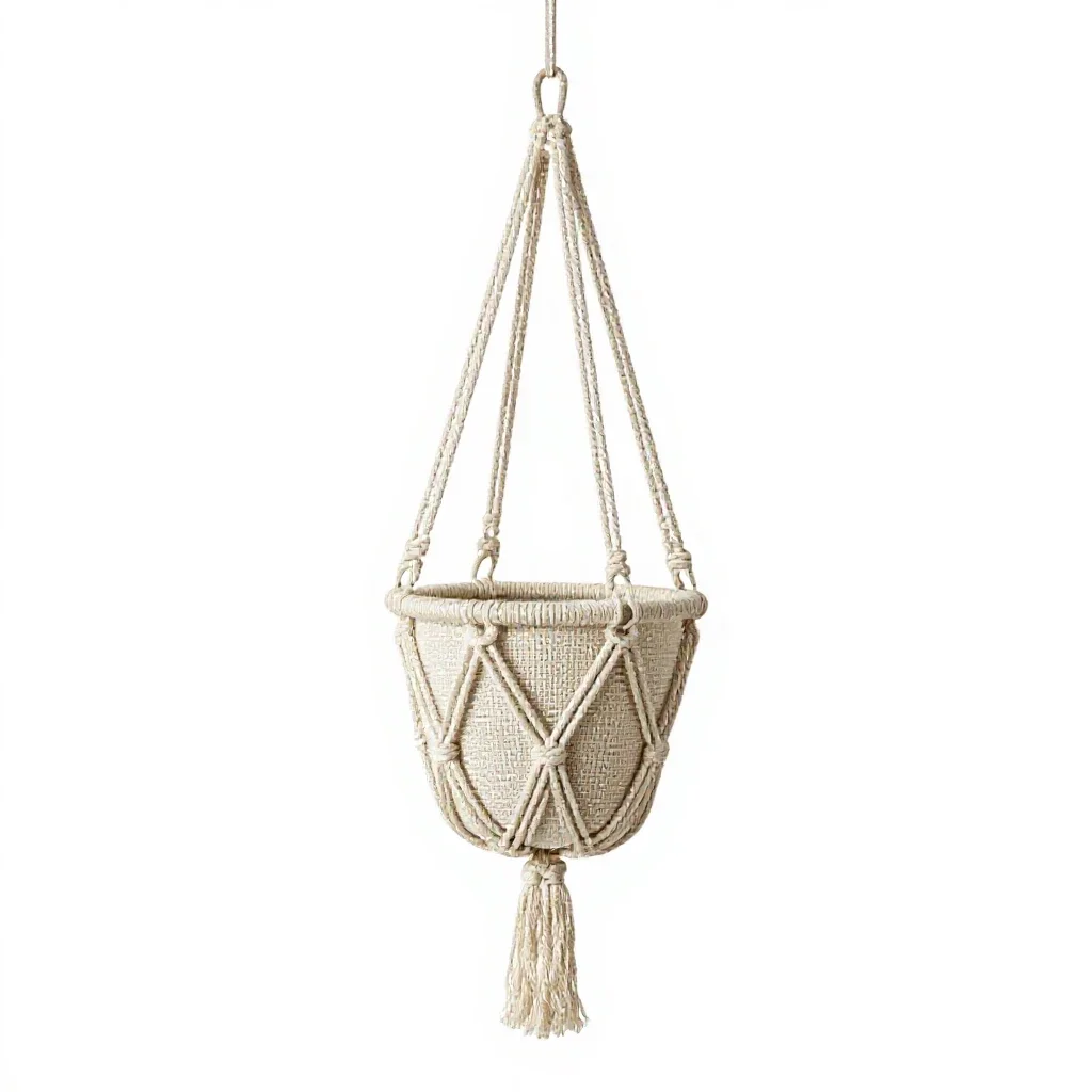 Hanging macrame planter isolated on a white background