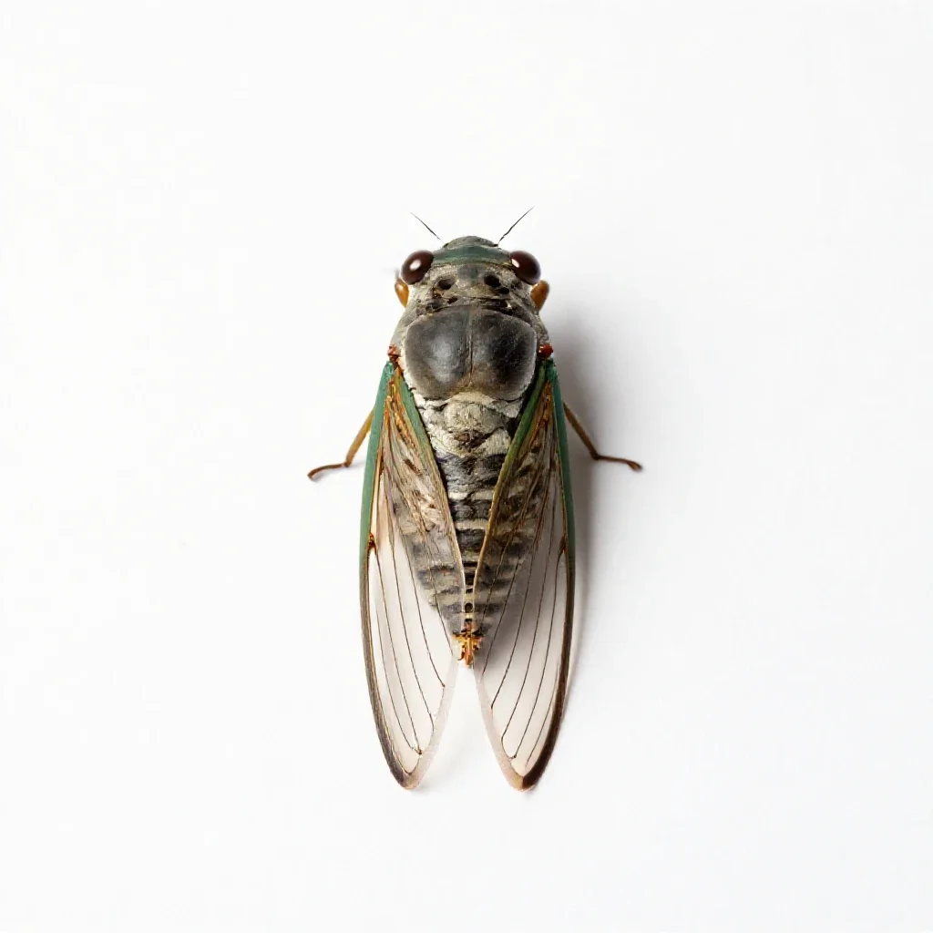 Cicada mid-song isolated on a white background