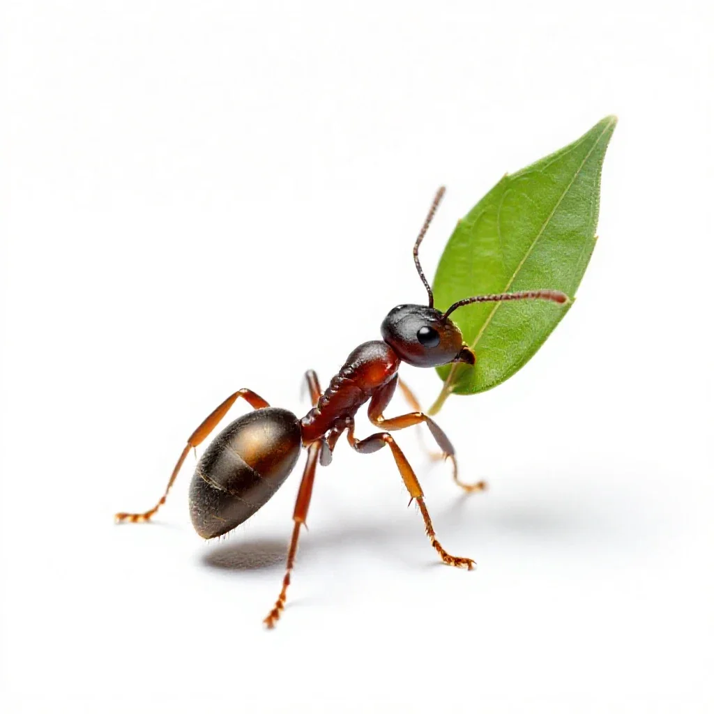 Leafcutter ant carrying a leaf isolated on a white background