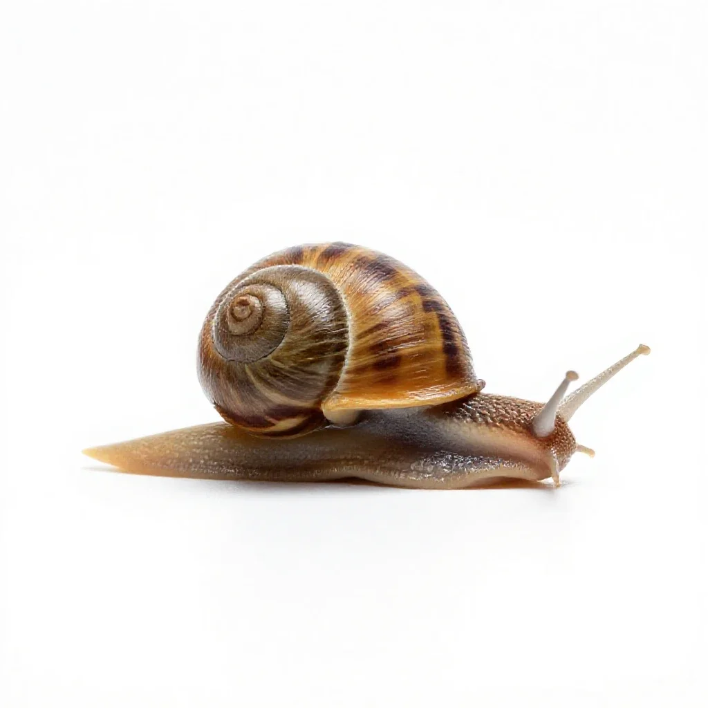 Snail on a wet stem isolated on a white background