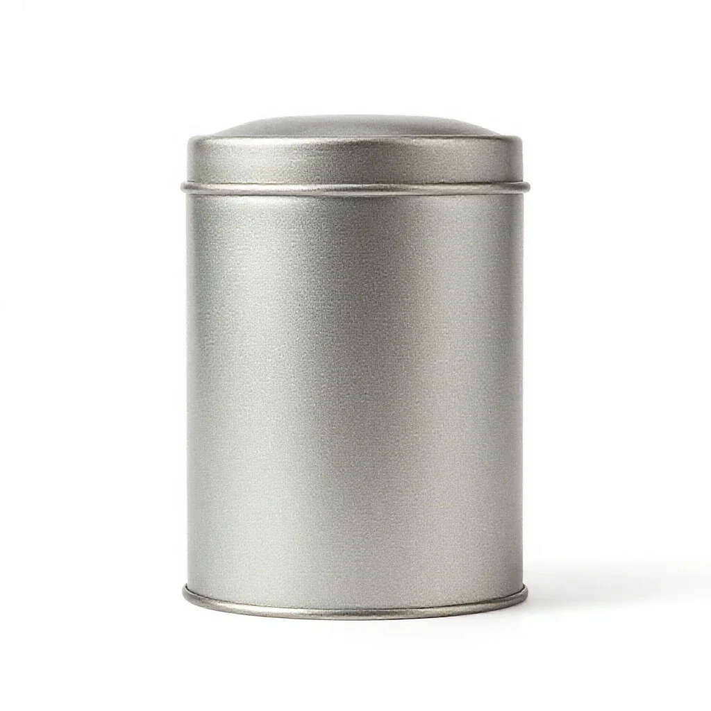 Cylindrical tea caddy tin isolated on a white background