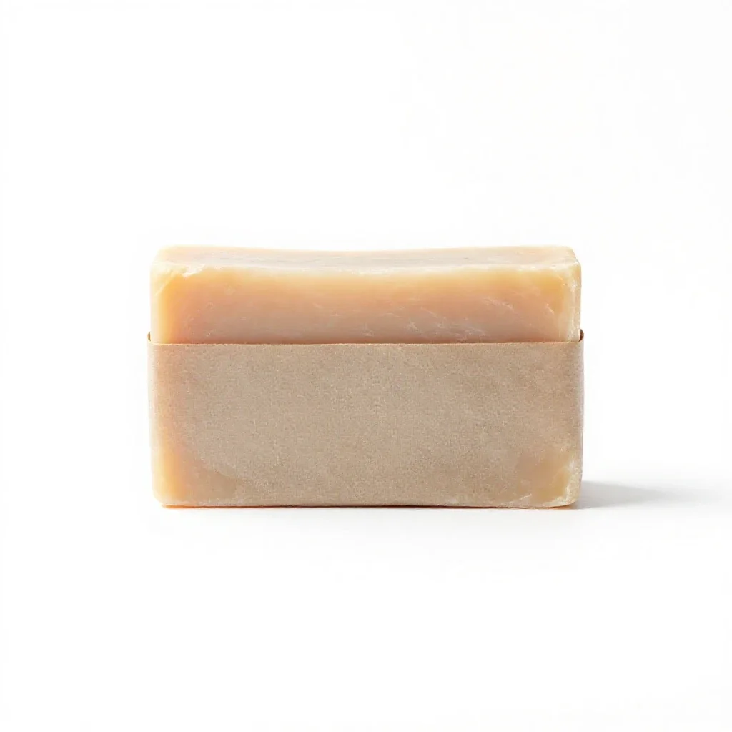 Soap bar in paper wrap isolated on a white background