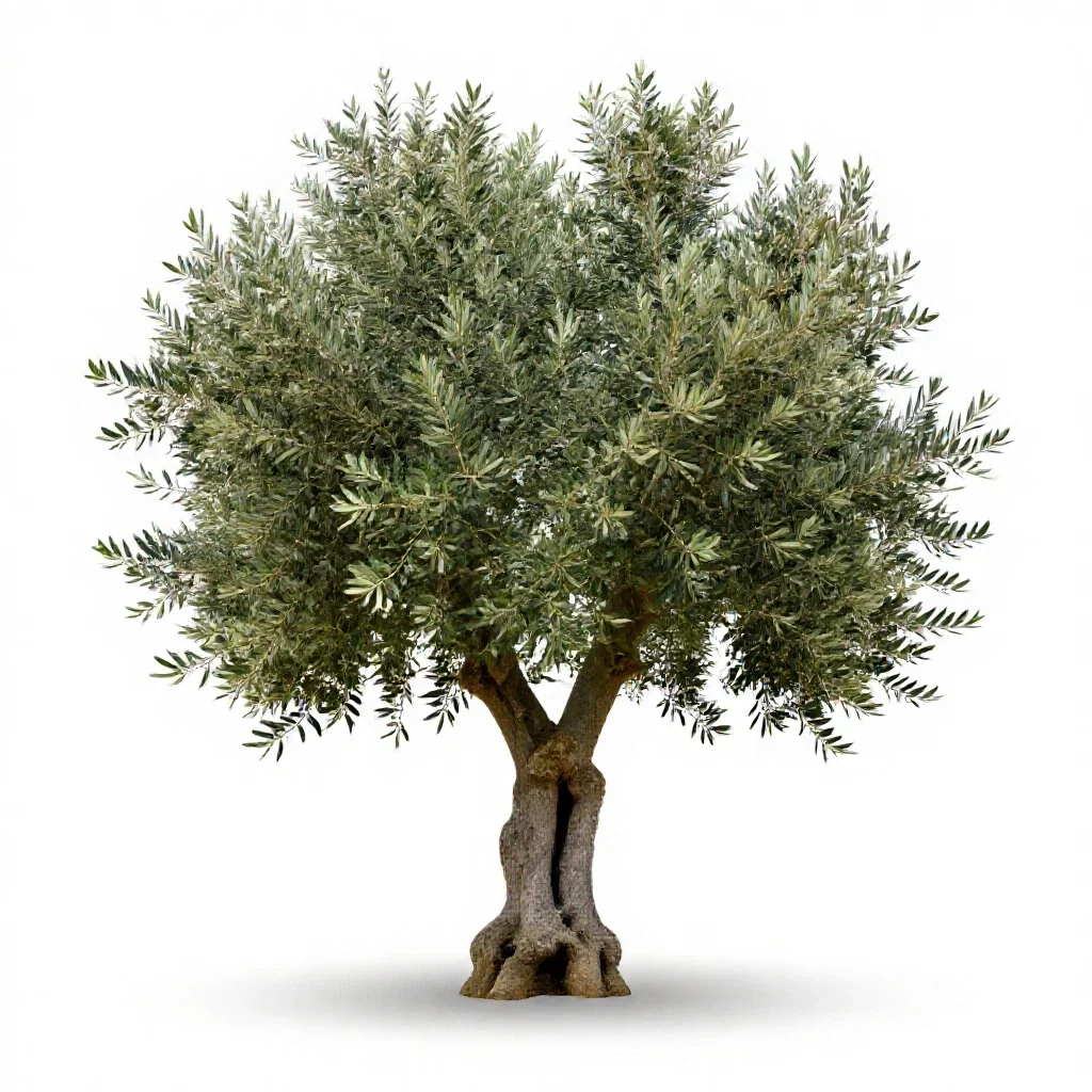 Olive tree with a gnarled trunk isolated on a white background