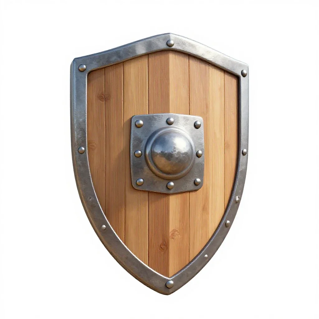 Wooden shield with an iron boss isolated on a white background