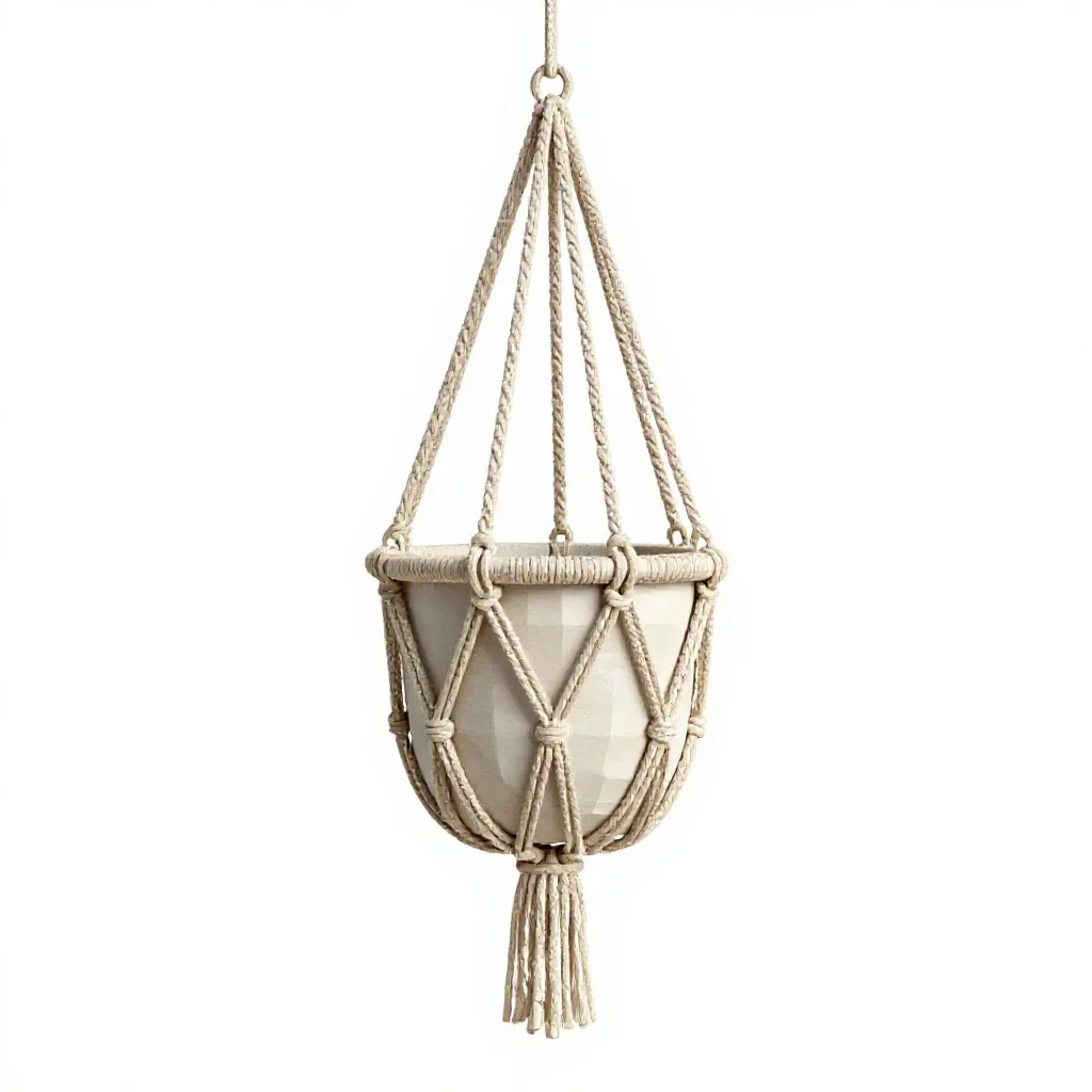 Hanging macrame planter isolated on a white background