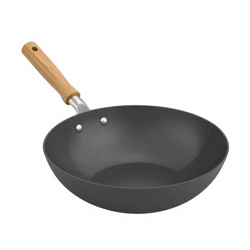 Wok with a wooden handle isolated on a white background