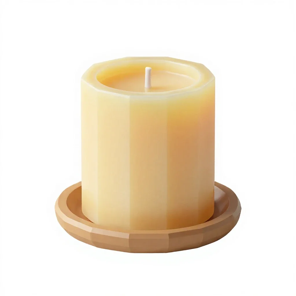 Beeswax pillar candle on a holder isolated on a white background