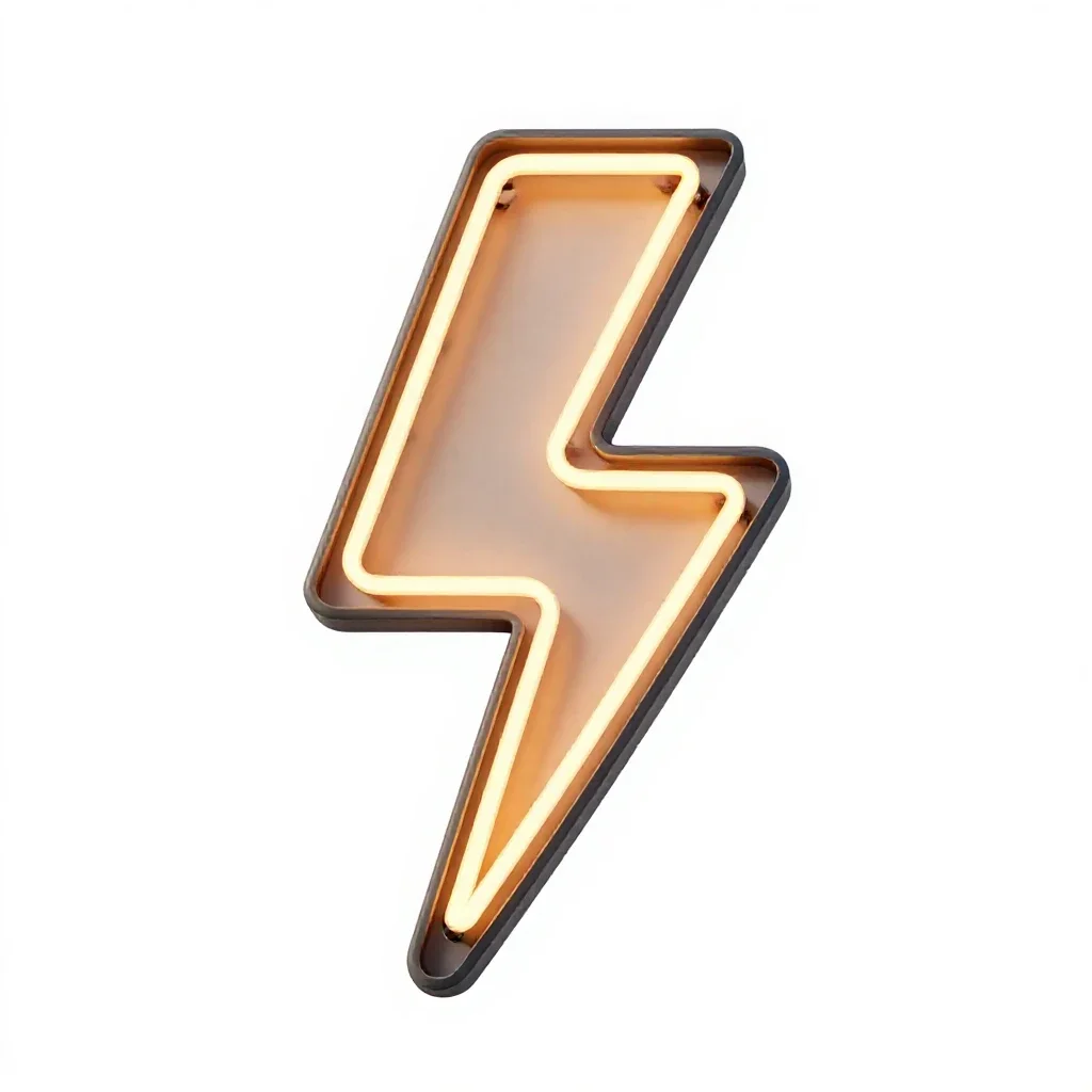 Neon sign shaped like a lightning bolt isolated on a white background
