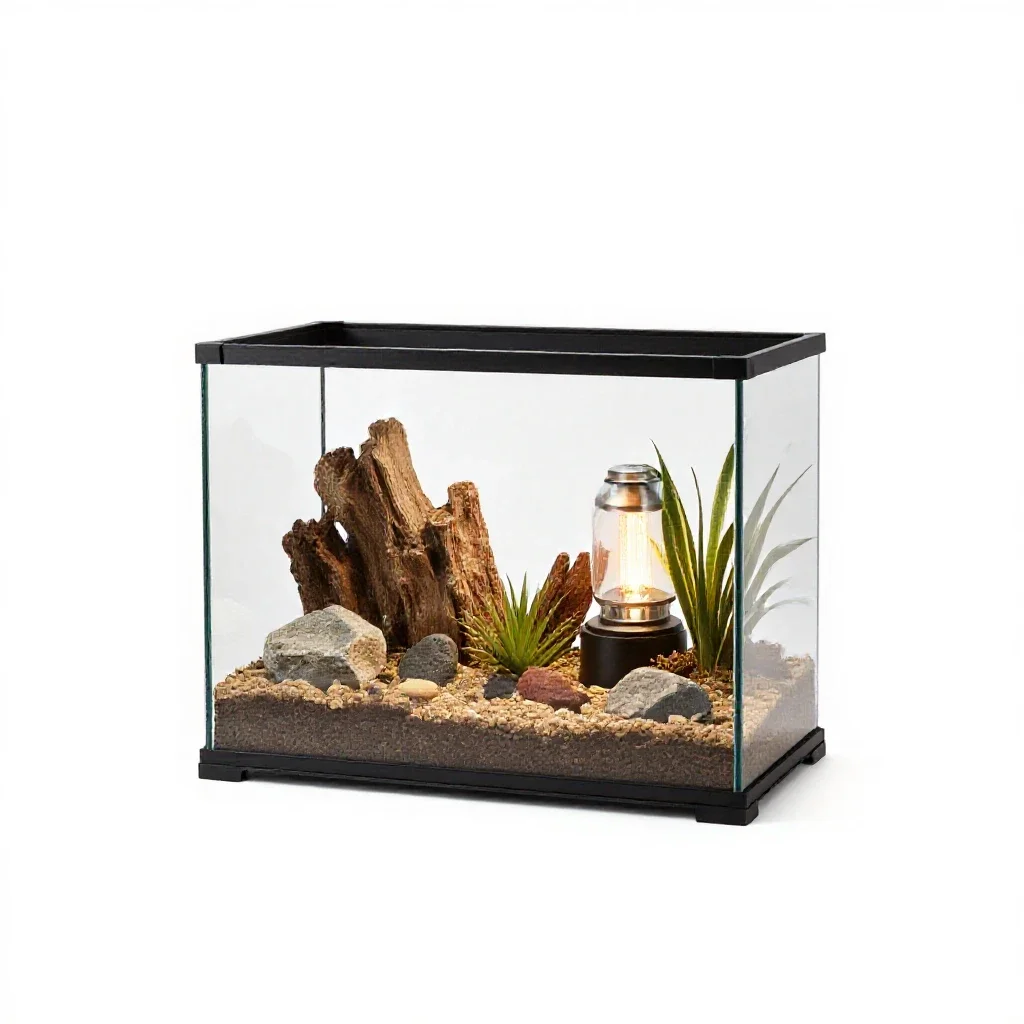 Terrarium with a heat lamp isolated on a white background