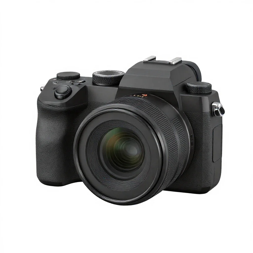 Mirrorless camera with a prime lens isolated on a white background