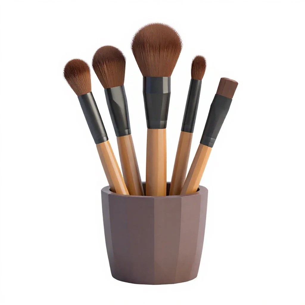 Makeup brush set in a cup isolated on a white background