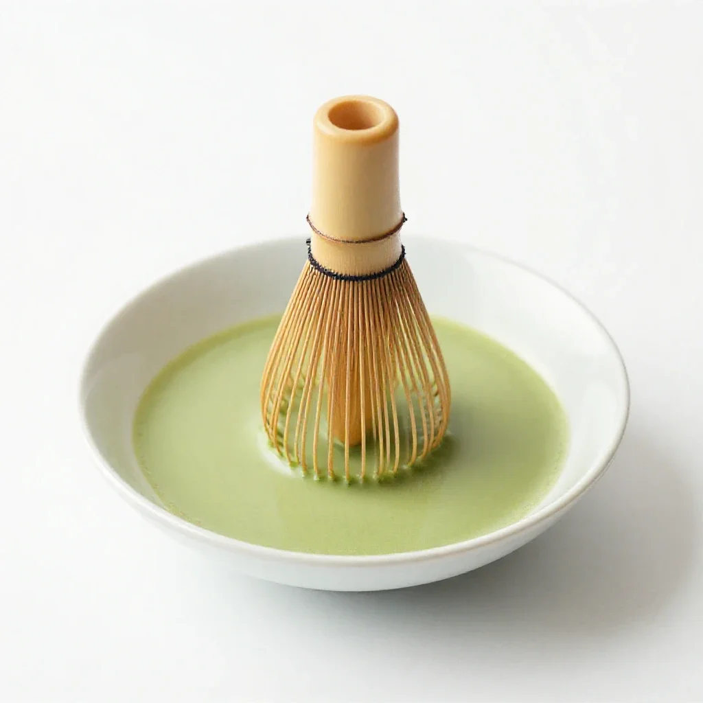 Matcha whisked in a chawan isolated on a white background
