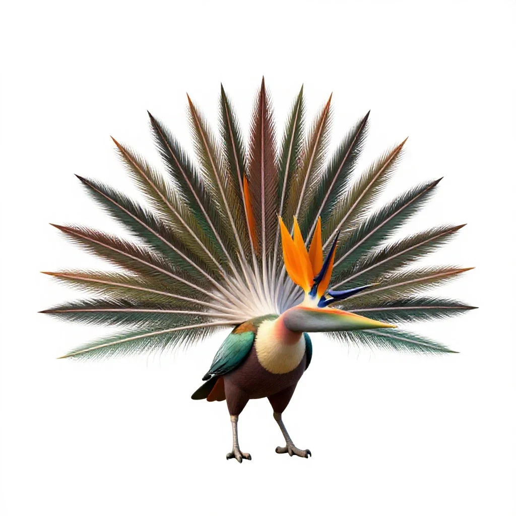 Bird of paradise displaying isolated on a white background