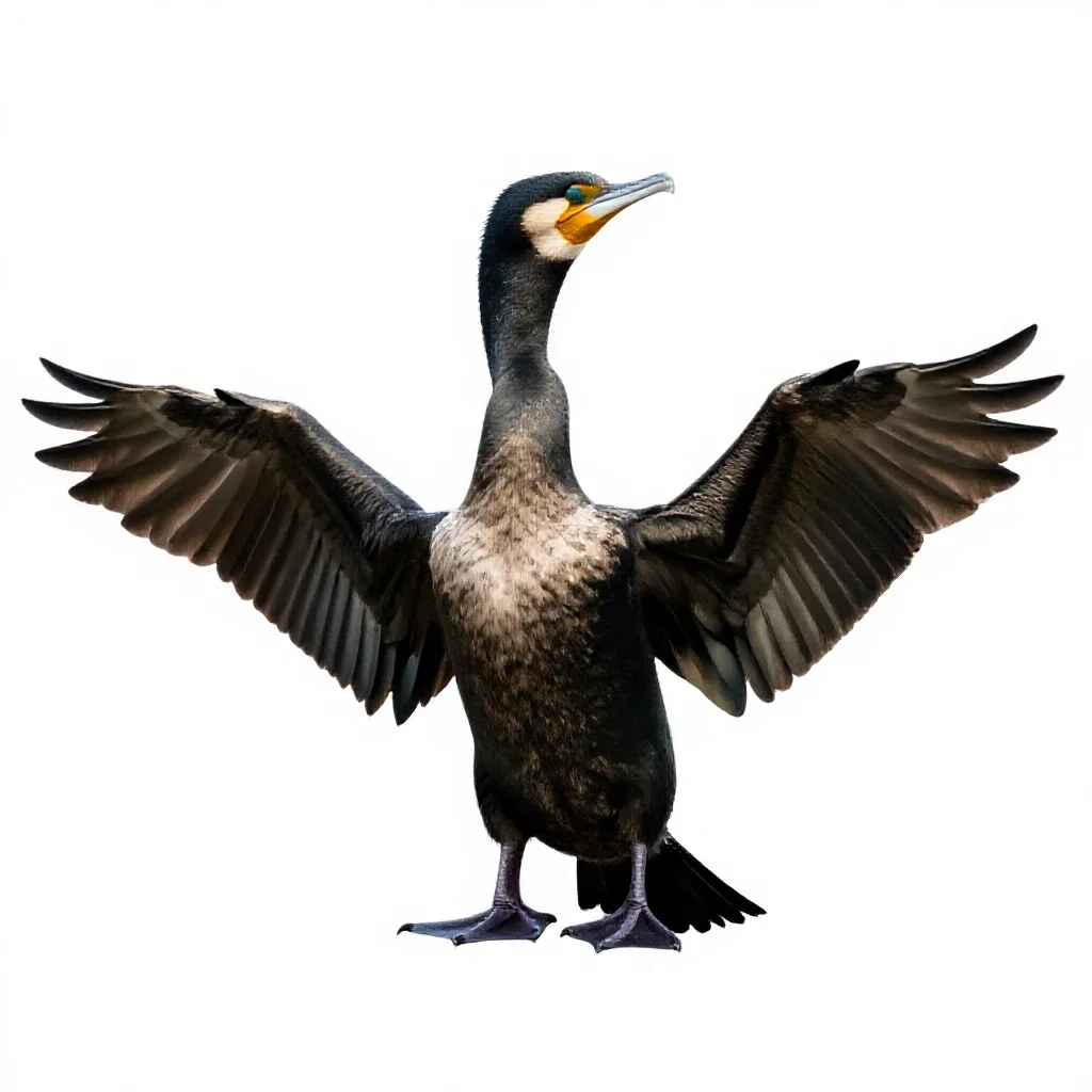 Cormorant drying its wings isolated on a white background