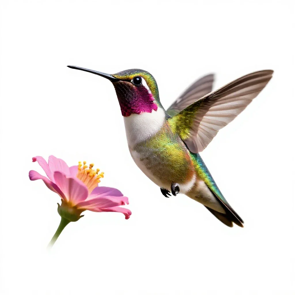 Hummingbird at a flower isolated on a white background