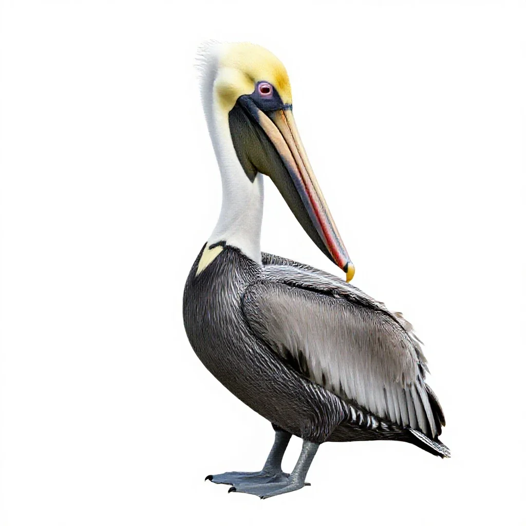 Pelican with its pouch full isolated on a white background