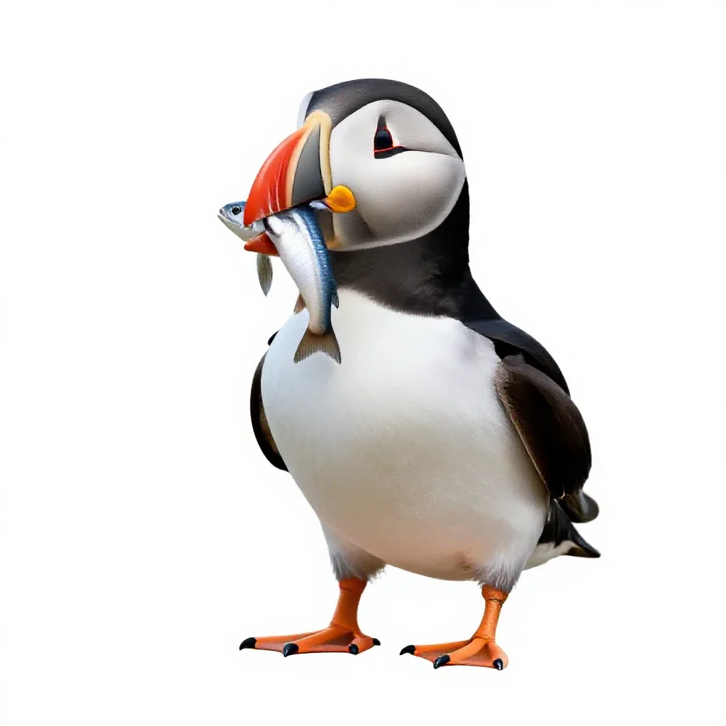 Puffin with a beakful of fish isolated on a white background