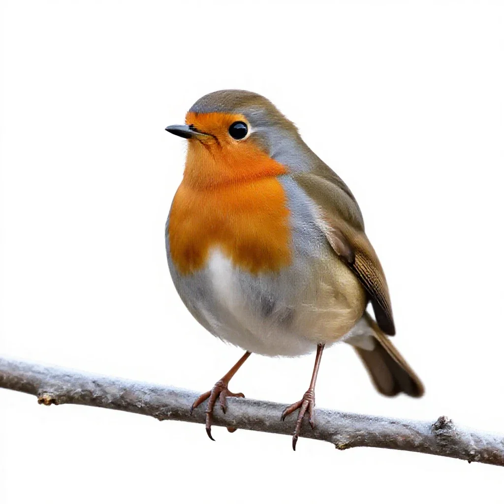 Robin on a frosted branch isolated on a white background