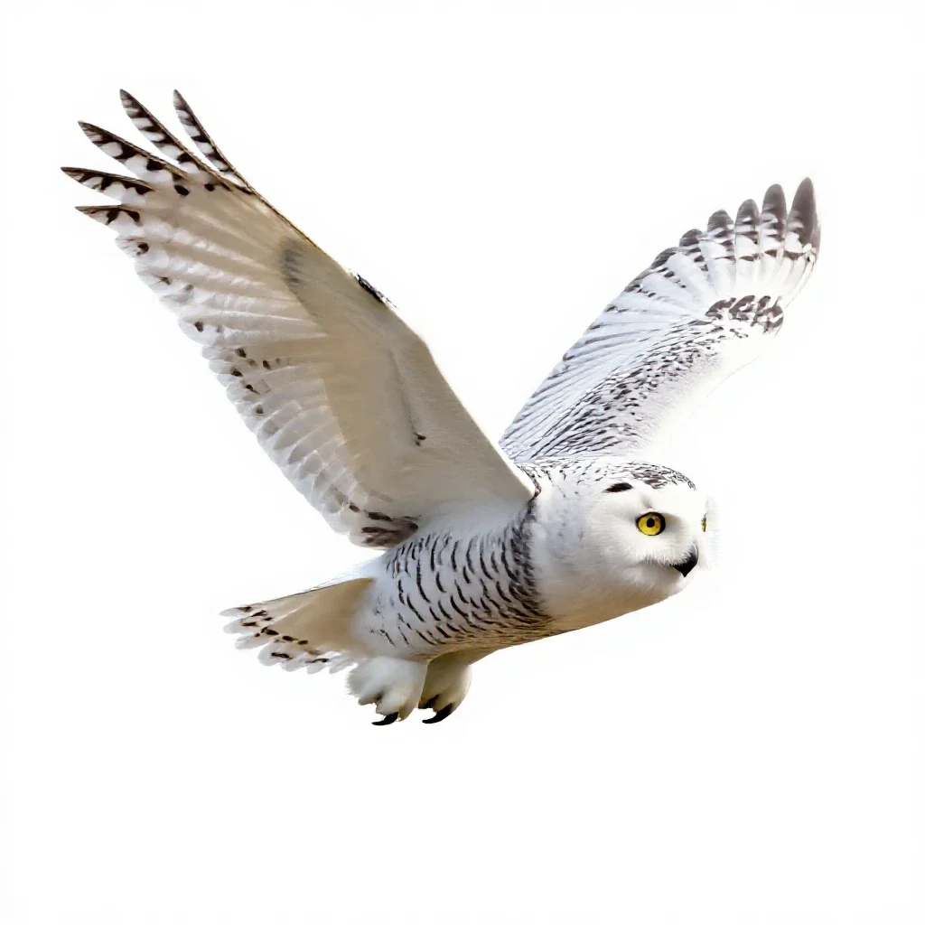 Snowy owl in flight isolated on a white background