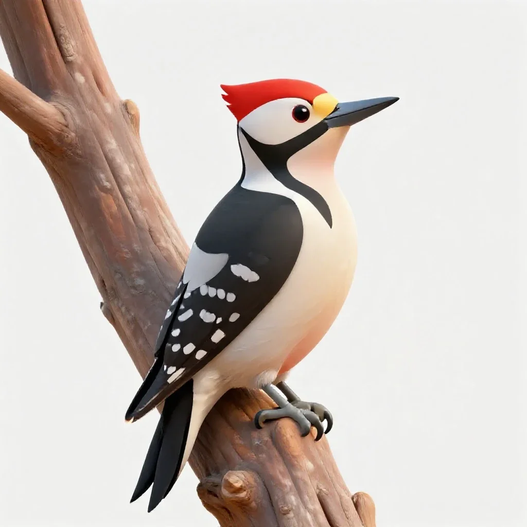 Woodpecker on bark isolated on a white background