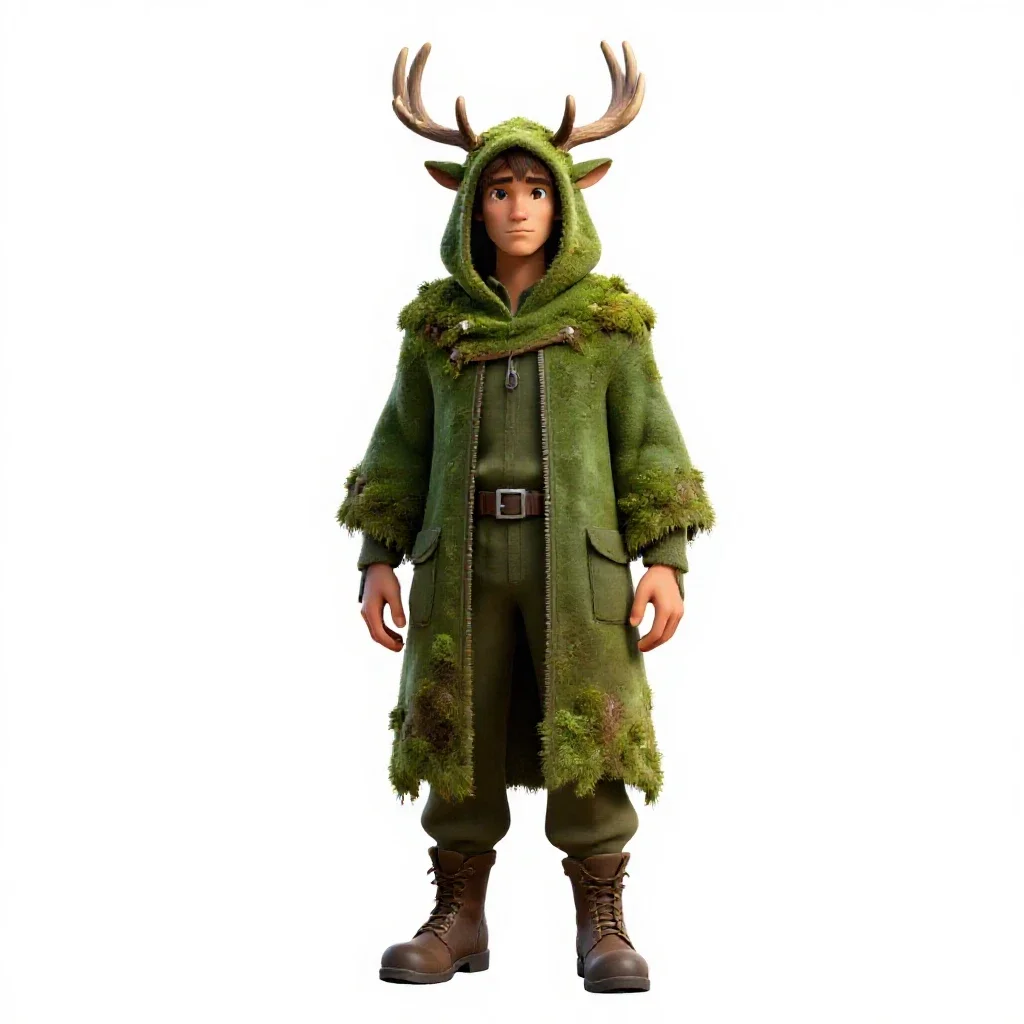 Druid cloaked in moss and antlers isolated on a white background