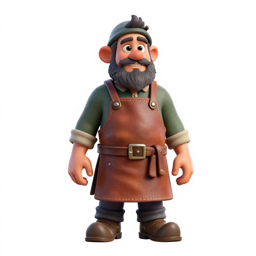 Dwarven blacksmith in a leather apron isolated on a white background