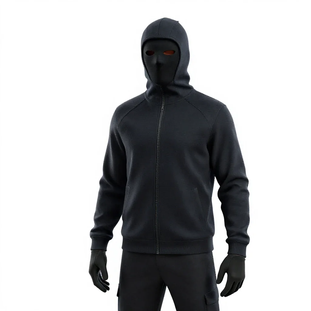 Masked assassin in dark cloth isolated on a white background