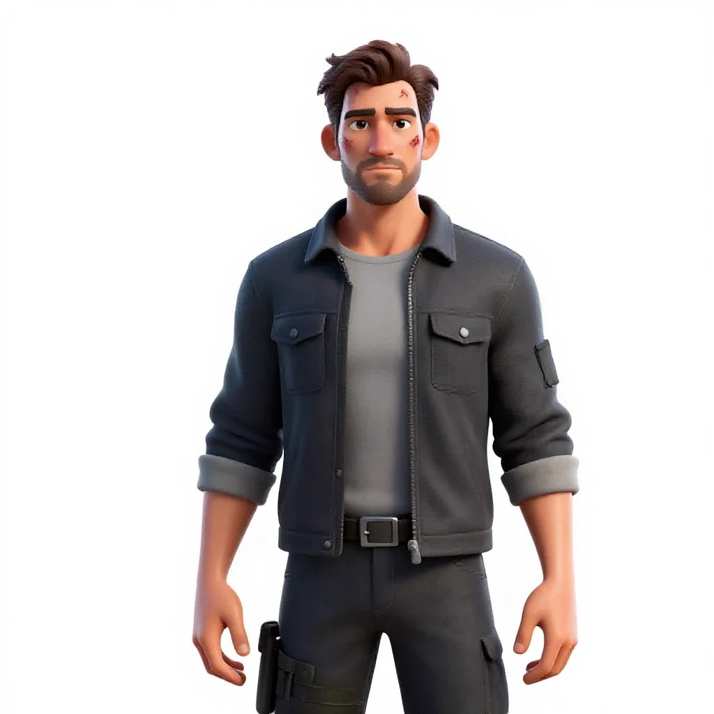 Veteran mercenary with a scarred face isolated on a white background