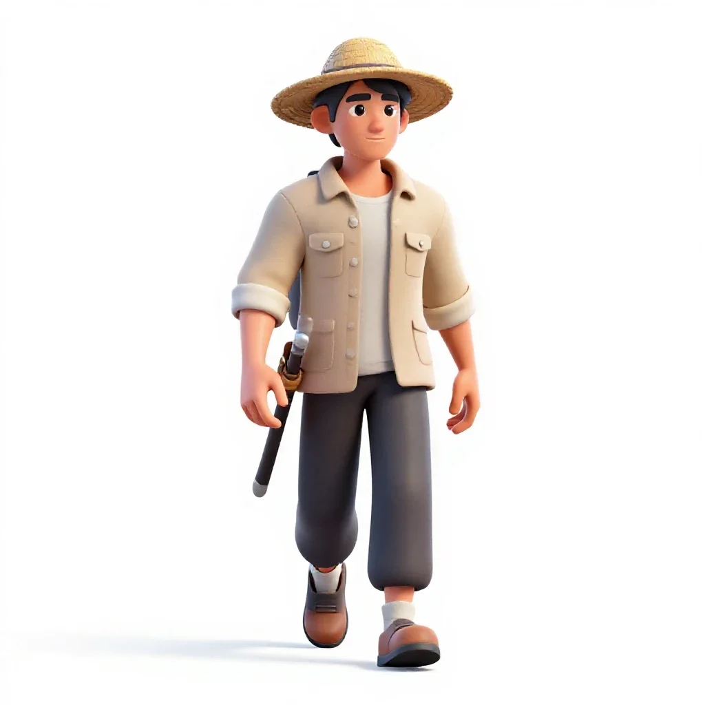 Wandering swordsman in a straw hat isolated on a white background