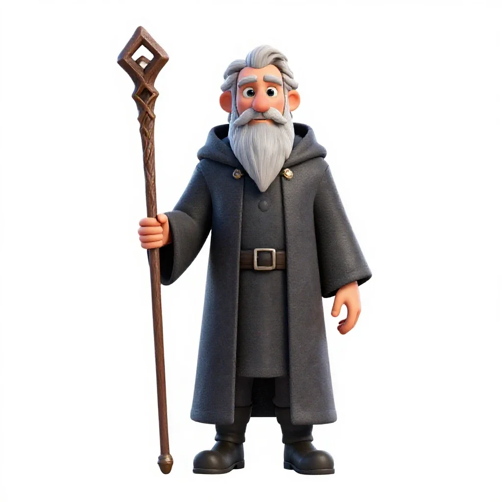 Elder wizard with a rune staff isolated on a white background