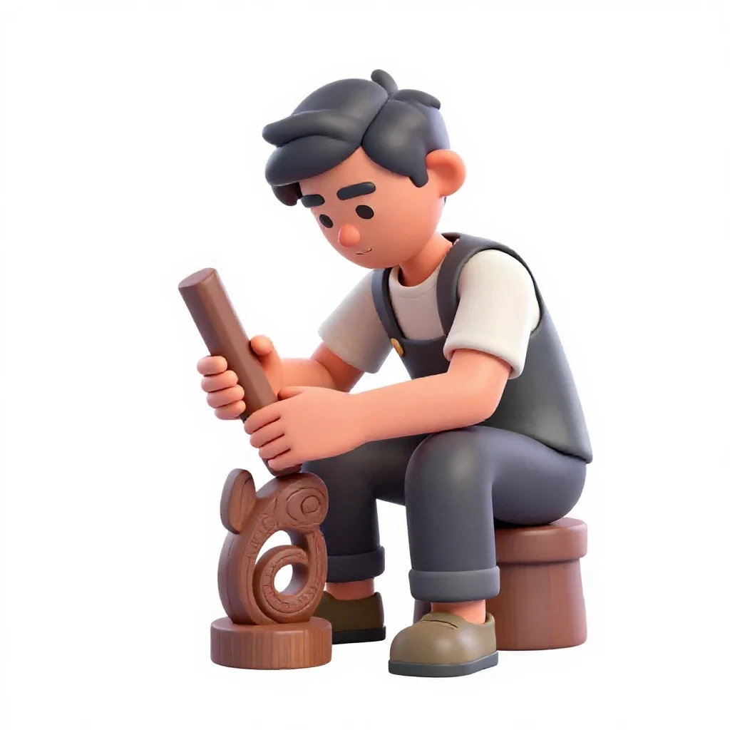 Maori carver at work isolated on a white background