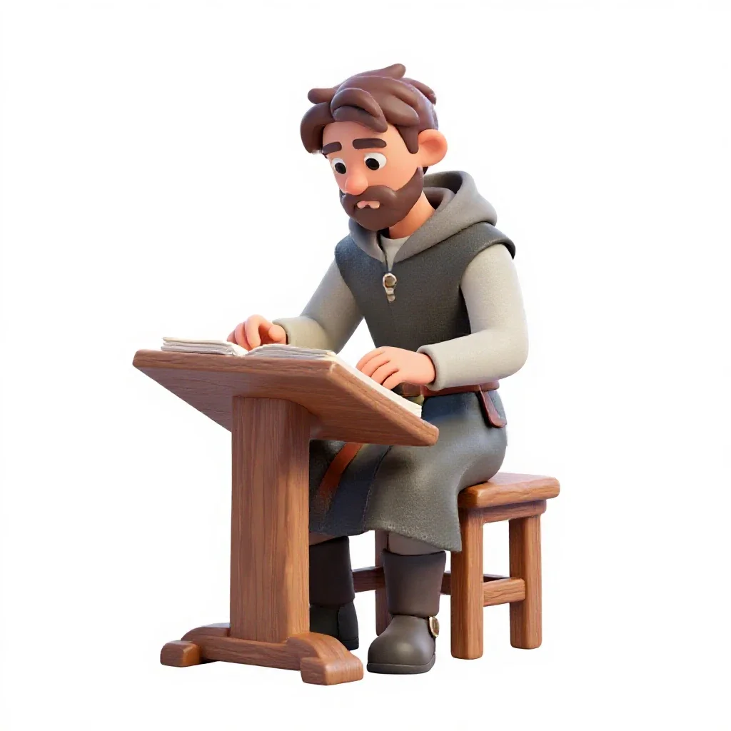 Mediaeval scribe at a lectern isolated on a white background
